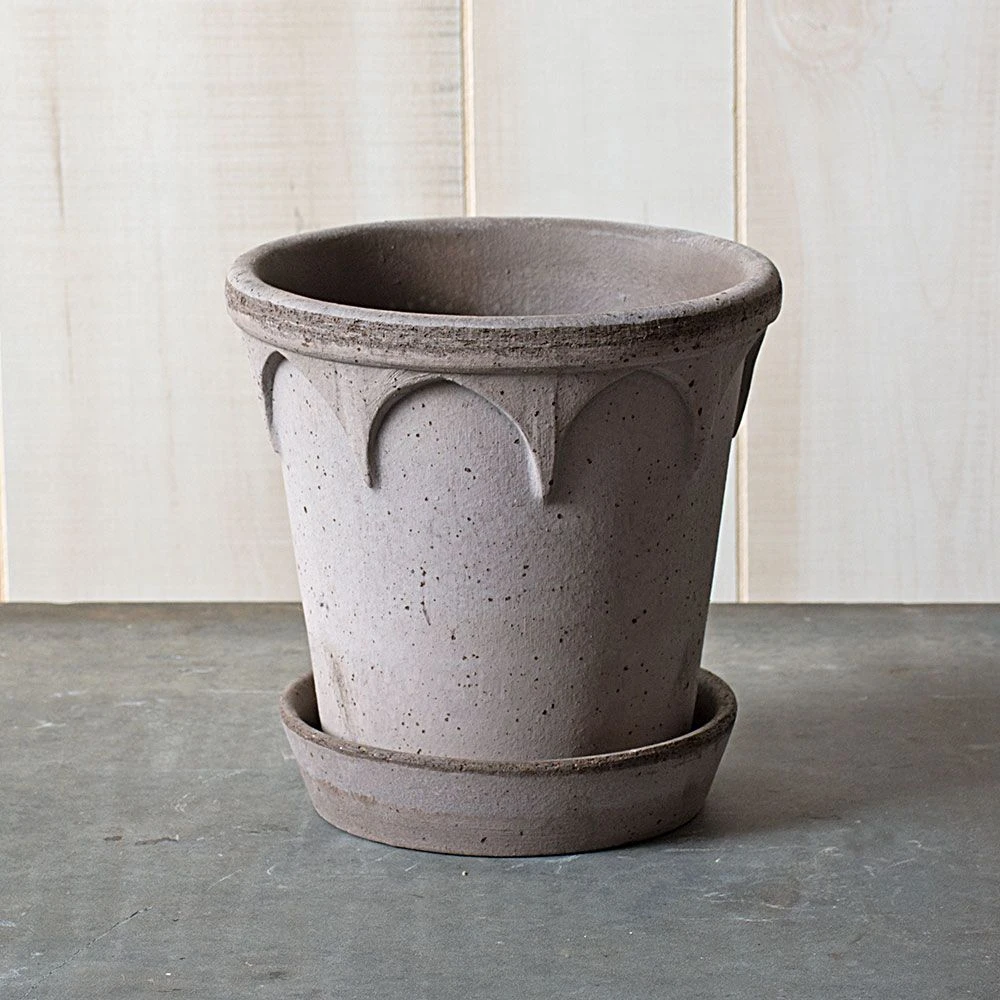 Gray Cathedral Pot And Saucer, 6½" Wide 3 Gray Cathedral Pot And Saucer, 6½" Wide